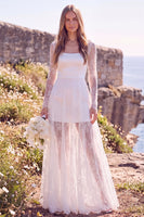 Load image into Gallery viewer, White Lace Sweep Train Square Neck Boho Wedding Dress with Sleeves
