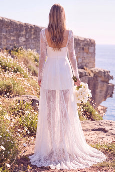 White Lace Sweep Train Square Neck Boho Wedding Dress with Sleeves