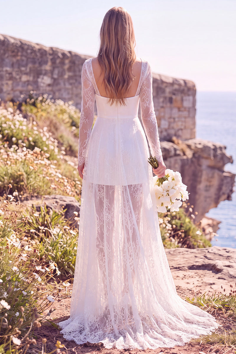 Load image into Gallery viewer, White Lace Sweep Train Square Neck Boho Wedding Dress with Sleeves