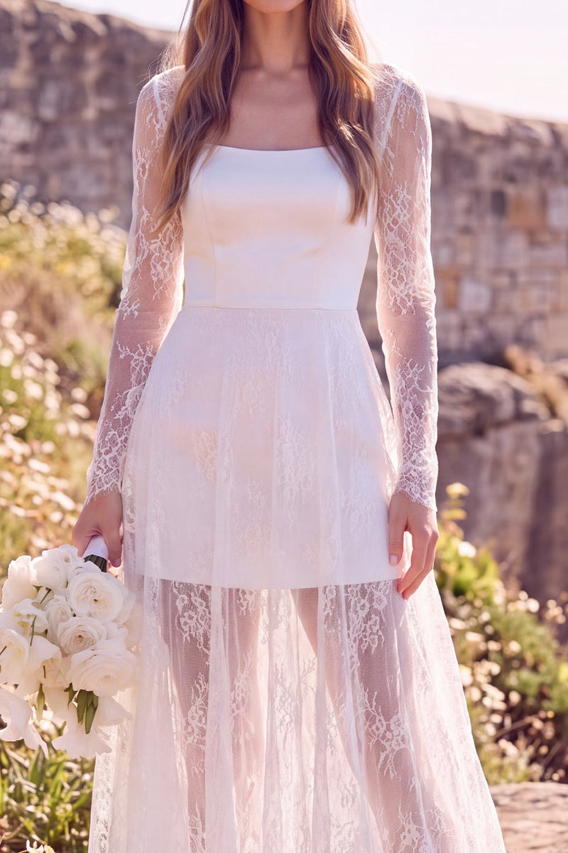 Load image into Gallery viewer, White Lace Sweep Train Square Neck Boho Wedding Dress with Sleeves