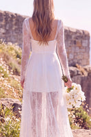 Load image into Gallery viewer, White Lace Sweep Train Square Neck Boho Wedding Dress with Sleeves