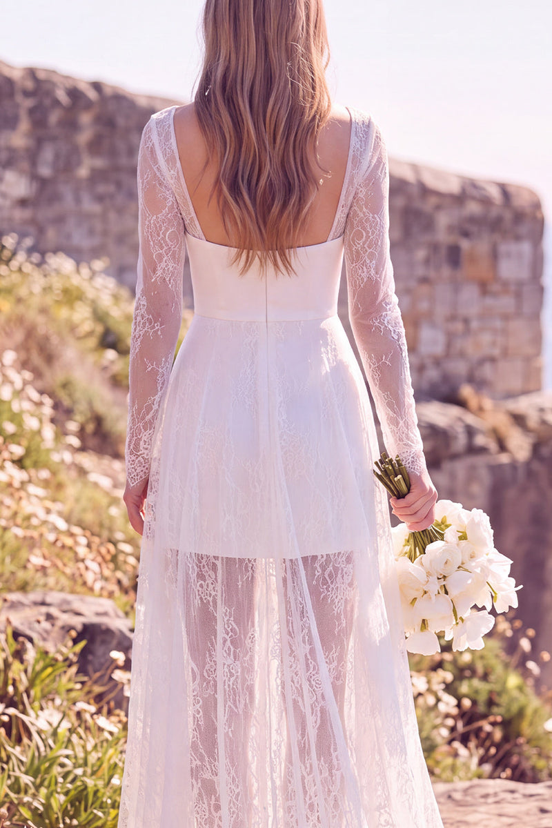 Load image into Gallery viewer, White Lace Sweep Train Square Neck Boho Wedding Dress with Sleeves