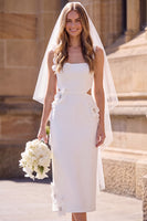 Load image into Gallery viewer, White Floral Sheath Square Neck Cut Out Midi Wedding Dress