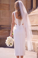 Load image into Gallery viewer, White Floral Sheath Square Neck Cut Out Midi Wedding Dress