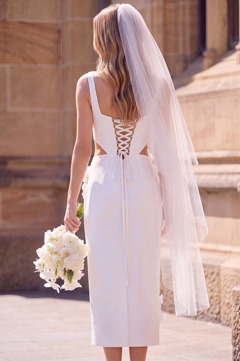 Load image into Gallery viewer, White Floral Sheath Square Neck Cut Out Midi Wedding Dress