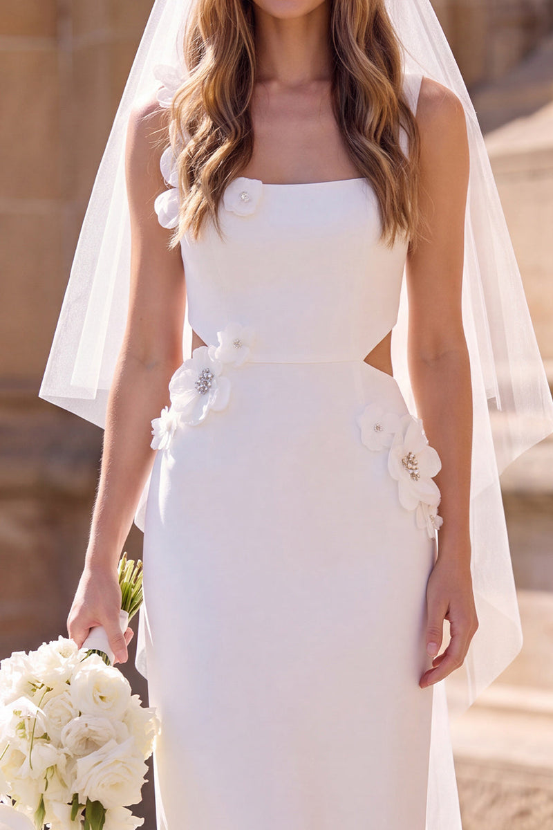 Load image into Gallery viewer, White Floral Sheath Square Neck Cut Out Midi Wedding Dress