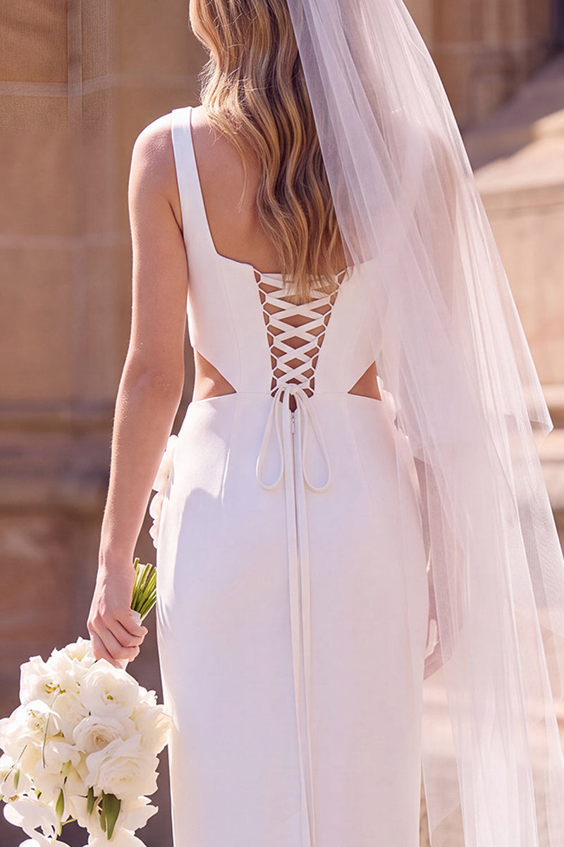 Load image into Gallery viewer, White Floral Sheath Square Neck Cut Out Midi Wedding Dress