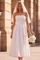 Load image into Gallery viewer, A-Line White Floral Lace Strapless Midi Wedding Dress