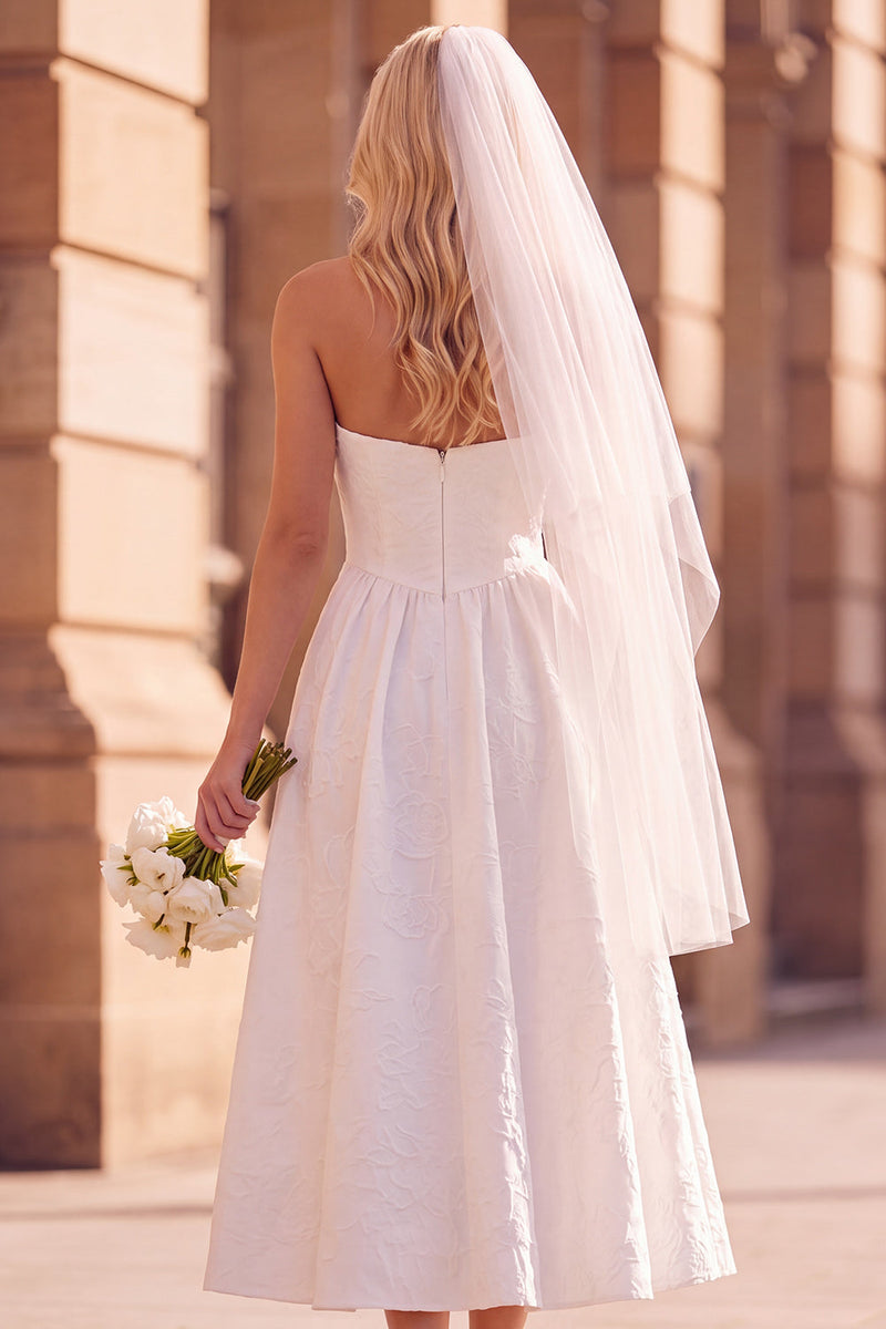 Load image into Gallery viewer, A-Line White Floral Lace Strapless Midi Wedding Dress