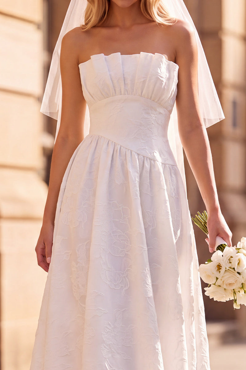 Load image into Gallery viewer, A-Line White Floral Lace Strapless Midi Wedding Dress