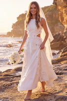 Load image into Gallery viewer, White Cut Out A-Line Floral Round Neck Long Wedding Dress