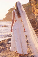 Load image into Gallery viewer, White Cut Out A-Line Floral Round Neck Long Wedding Dress