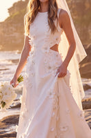 Load image into Gallery viewer, White Cut Out A-Line Floral Round Neck Long Wedding Dress
