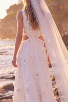Load image into Gallery viewer, White Cut Out A-Line Floral Round Neck Long Wedding Dress