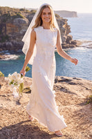 Load image into Gallery viewer, White Round Neck A Line Maxi Wedding Dress with 3D Flowers