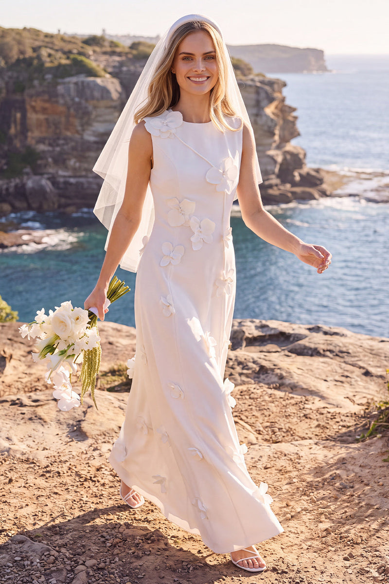 Load image into Gallery viewer, White Round Neck A Line Maxi Wedding Dress with 3D Flowers