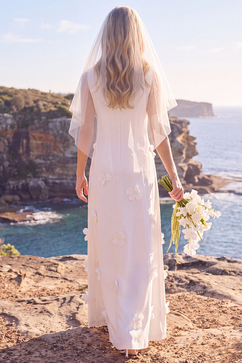 Load image into Gallery viewer, White Round Neck A Line Maxi Wedding Dress with 3D Flowers