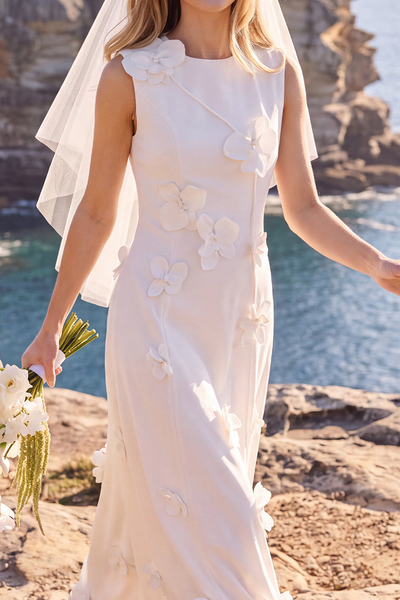Load image into Gallery viewer, White Round Neck A Line Maxi Wedding Dress with 3D Flowers