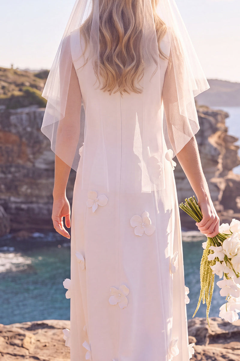 Load image into Gallery viewer, White Round Neck A Line Maxi Wedding Dress with 3D Flowers