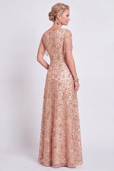 Sparkly Champagne A Line V-Neck Long Mother of the Bride Dress with Fringes