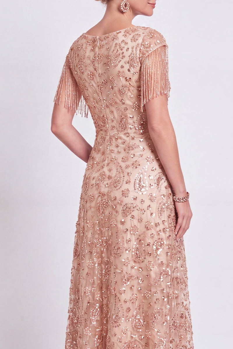 Load image into Gallery viewer, Sparkly Champagne A Line V-Neck Long Mother of the Bride Dress with Fringes