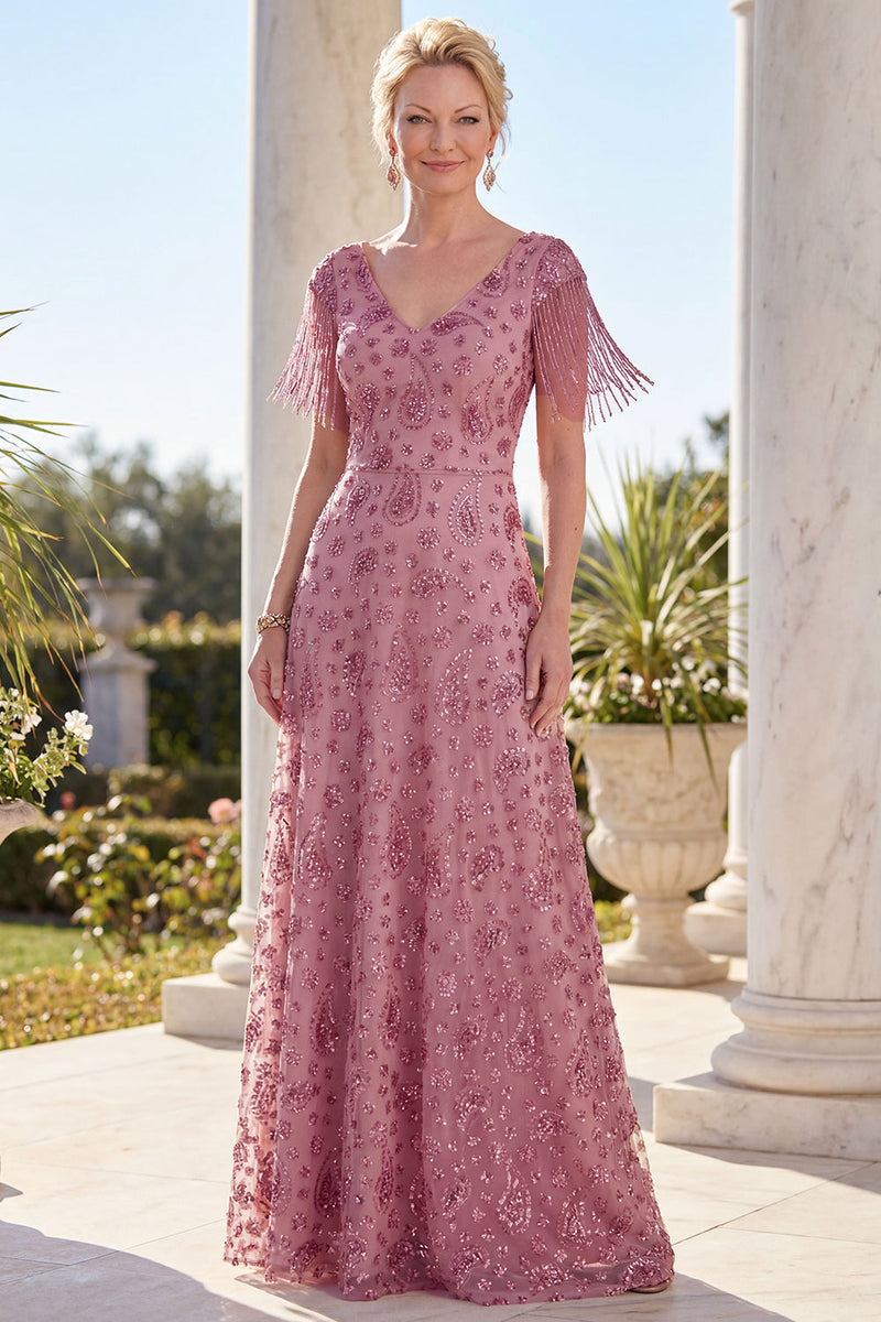 Load image into Gallery viewer, Sparkly Champagne A Line V-Neck Long Mother of the Bride Dress with Fringes