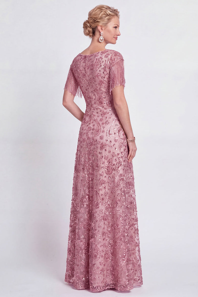 Load image into Gallery viewer, Sparkly Champagne A Line V-Neck Long Mother of the Bride Dress with Fringes