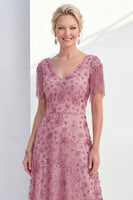 Load image into Gallery viewer, Sparkly Champagne A Line V-Neck Long Mother of the Bride Dress with Fringes