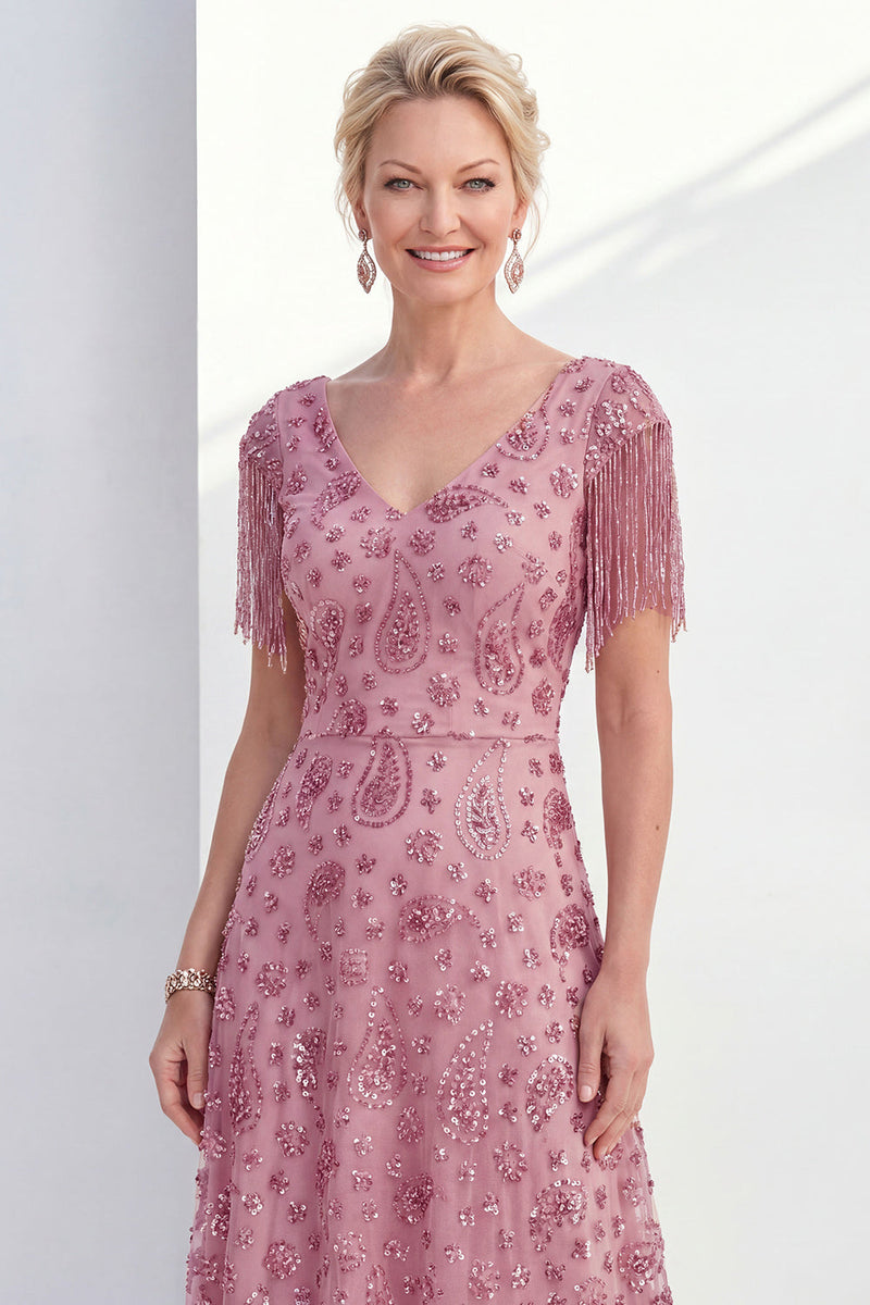 Load image into Gallery viewer, Sparkly Champagne A Line V-Neck Long Mother of the Bride Dress with Fringes