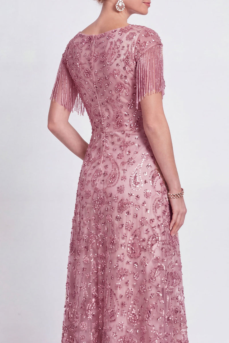 Load image into Gallery viewer, Sparkly Champagne A Line V-Neck Long Mother of the Bride Dress with Fringes
