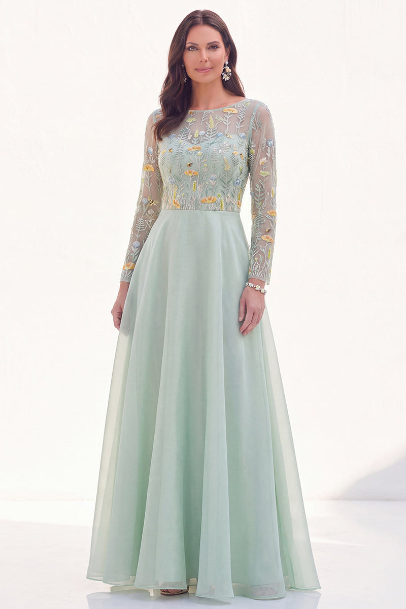 Load image into Gallery viewer, Navy Floral Boat Neck A Line Long Sleeves Mother of the Bride Dress