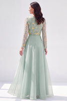 Load image into Gallery viewer, Navy Floral Boat Neck A Line Long Sleeves Mother of the Bride Dress