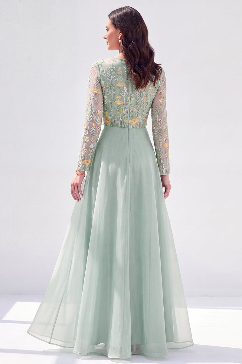 Load image into Gallery viewer, Navy Floral Boat Neck A Line Long Sleeves Mother of the Bride Dress