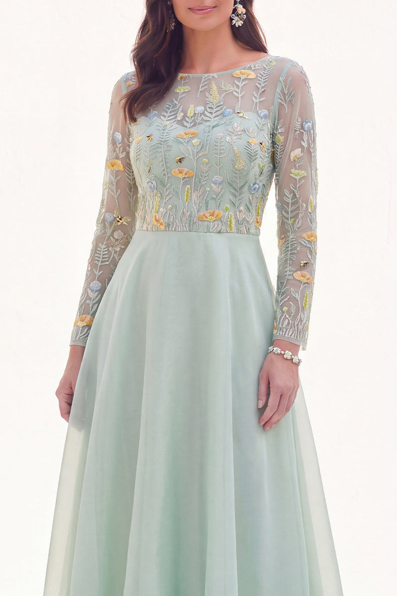 Load image into Gallery viewer, Navy Floral Boat Neck A Line Long Sleeves Mother of the Bride Dress