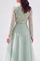 Load image into Gallery viewer, Navy Floral Boat Neck A Line Long Sleeves Mother of the Bride Dress
