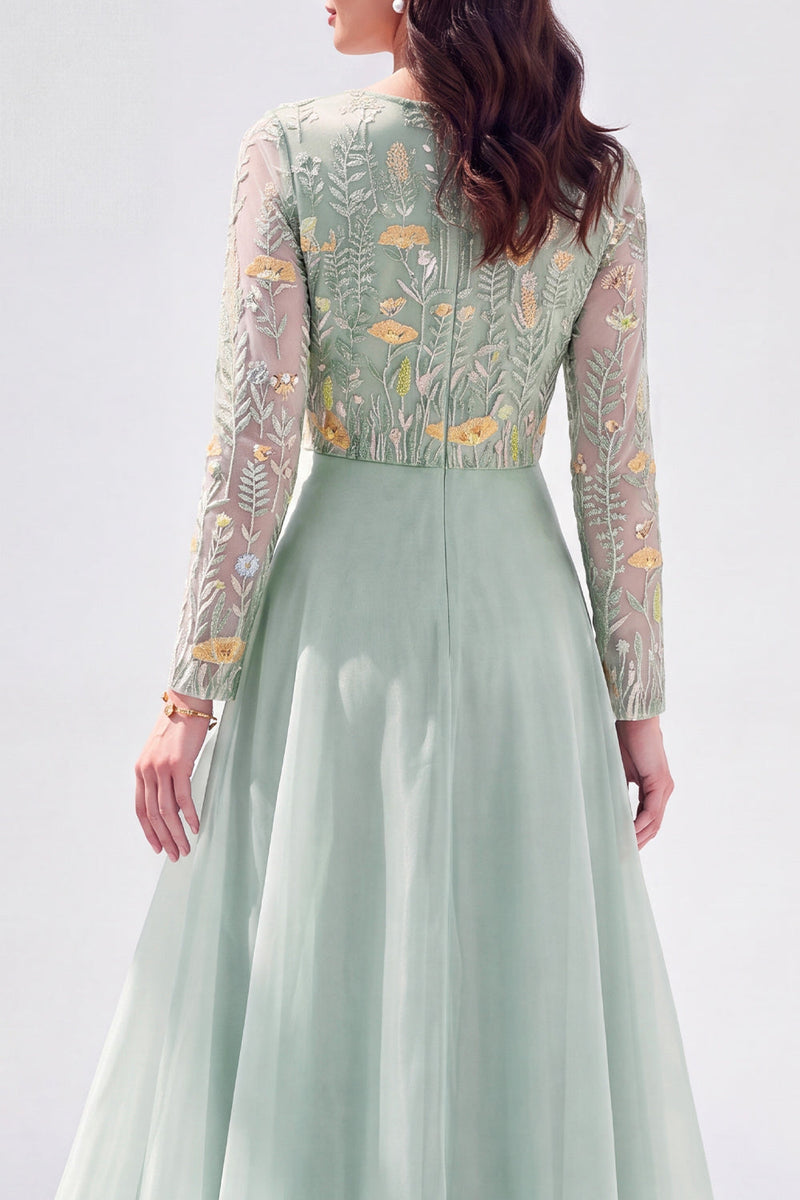 Load image into Gallery viewer, Navy Floral Boat Neck A Line Long Sleeves Mother of the Bride Dress