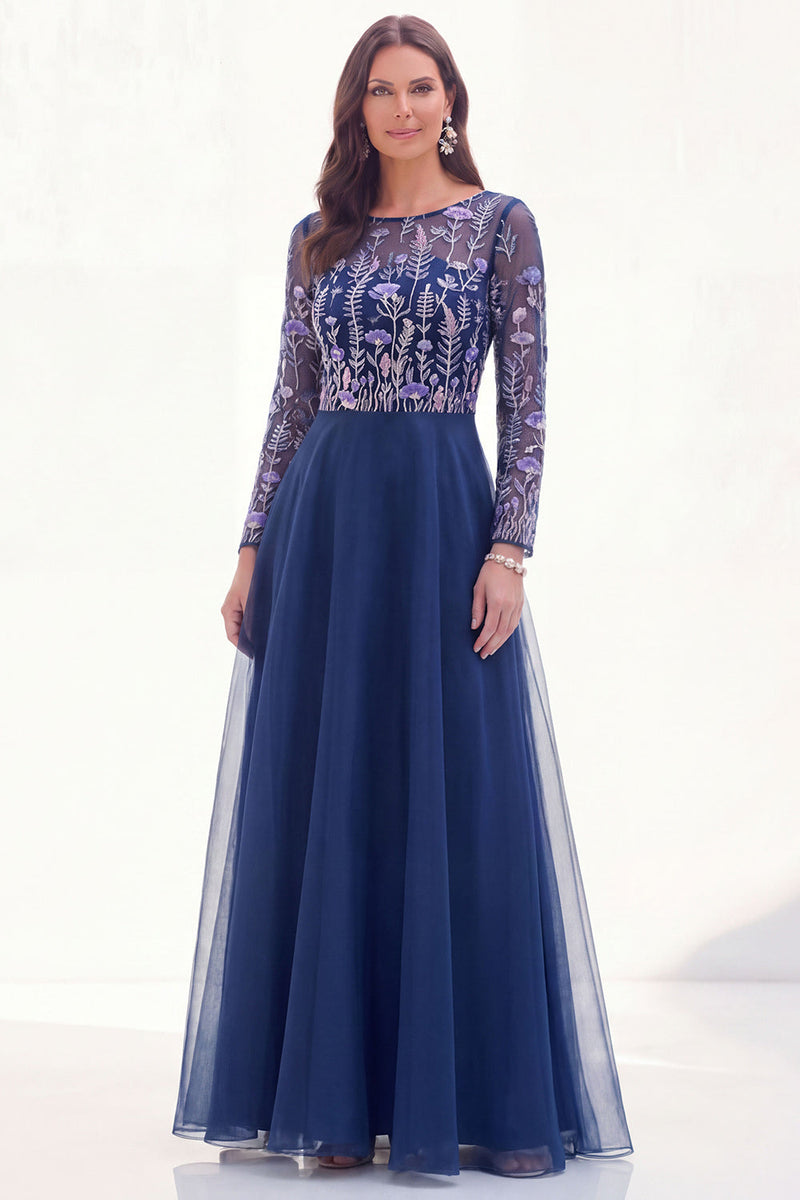 Load image into Gallery viewer, Navy Floral Boat Neck A Line Long Sleeves Mother of the Bride Dress