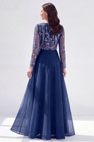 Load image into Gallery viewer, Navy Floral Boat Neck A Line Long Sleeves Mother of the Bride Dress