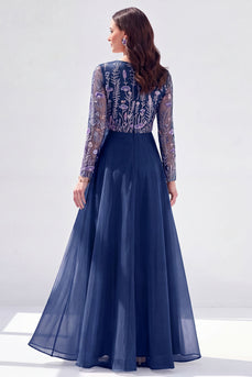 Navy Floral Boat Neck A Line Long Sleeves Mother of the Bride Dress