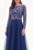 Load image into Gallery viewer, Navy Floral Boat Neck A Line Long Sleeves Mother of the Bride Dress
