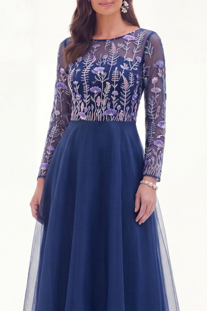Load image into Gallery viewer, Navy Floral Boat Neck A Line Long Sleeves Mother of the Bride Dress