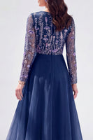 Load image into Gallery viewer, Navy Floral Boat Neck A Line Long Sleeves Mother of the Bride Dress