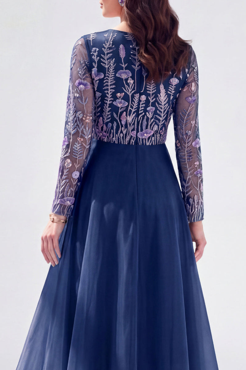 Load image into Gallery viewer, Navy Floral Boat Neck A Line Long Sleeves Mother of the Bride Dress