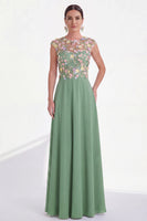 Load image into Gallery viewer, Pink Round Neck A Line Floral Cap Sleeves Long Mother of the Bride Dress