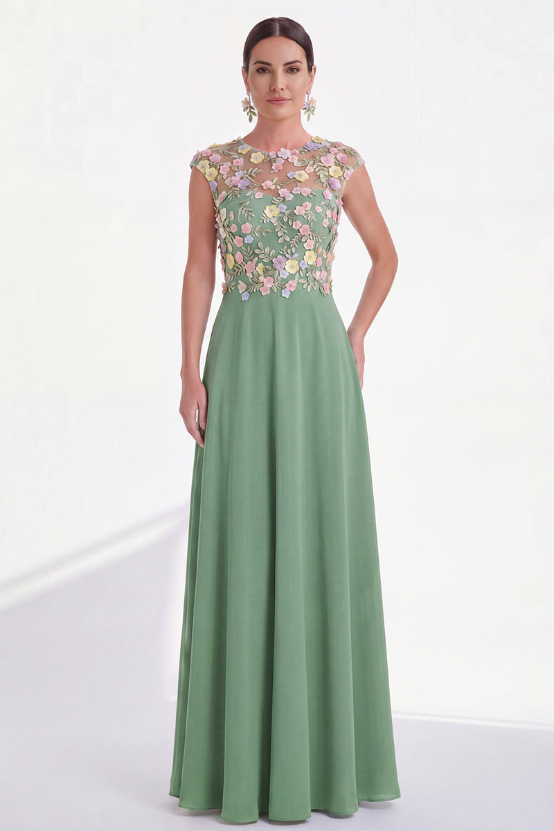 Load image into Gallery viewer, Pink Round Neck A Line Floral Cap Sleeves Long Mother of the Bride Dress