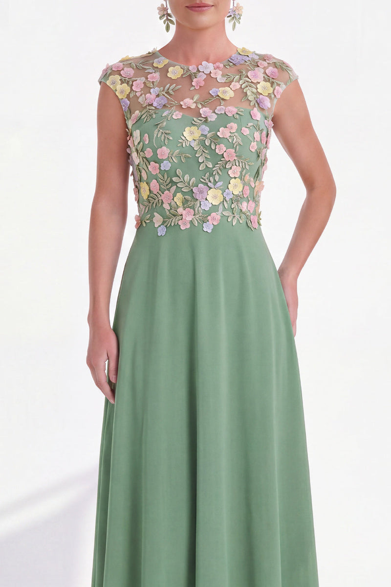 Load image into Gallery viewer, Pink Round Neck A Line Floral Cap Sleeves Long Mother of the Bride Dress