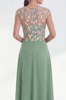 Load image into Gallery viewer, Pink Round Neck A Line Floral Cap Sleeves Long Mother of the Bride Dress