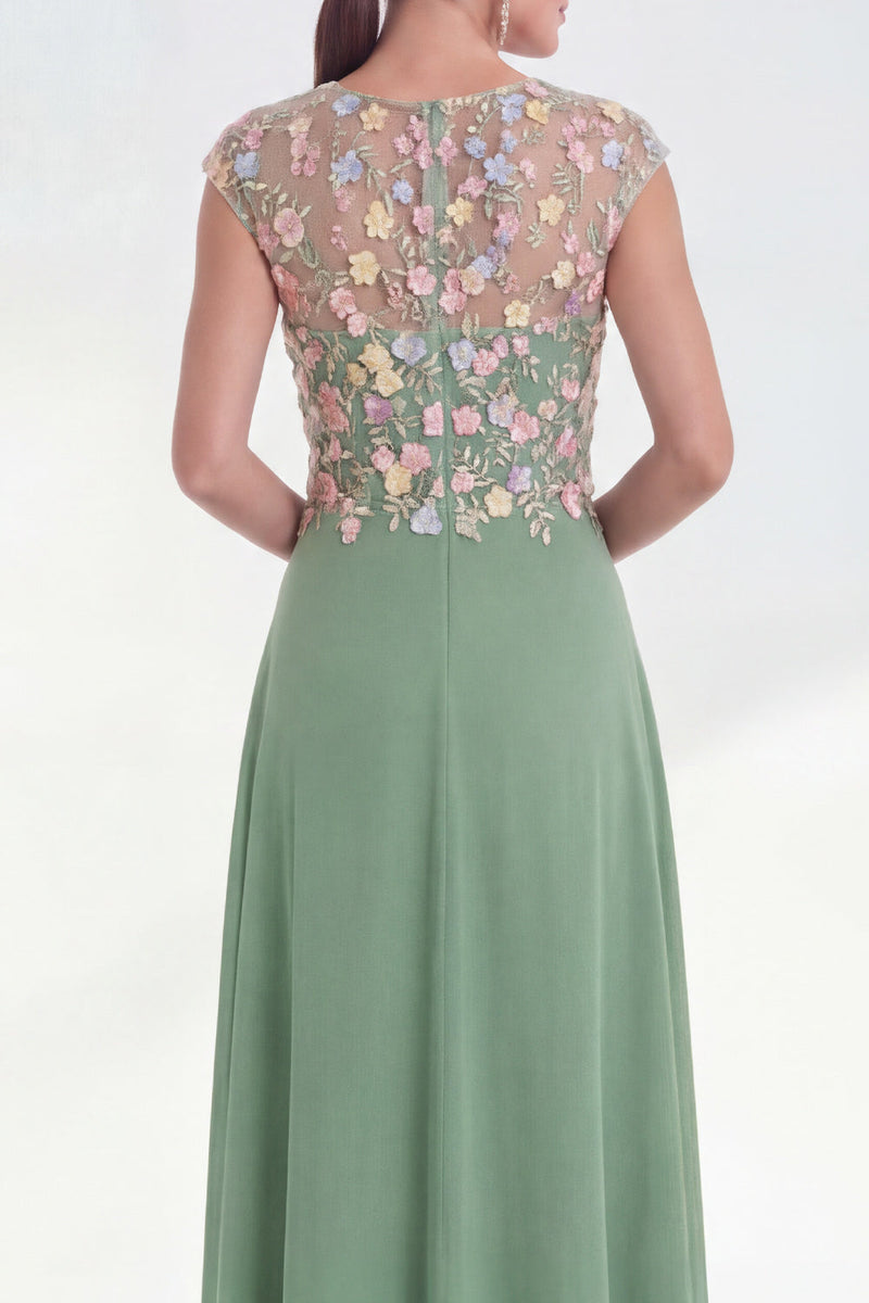 Load image into Gallery viewer, Pink Round Neck A Line Floral Cap Sleeves Long Mother of the Bride Dress