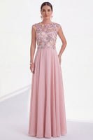 Load image into Gallery viewer, Pink Round Neck A Line Floral Cap Sleeves Long Mother of the Bride Dress