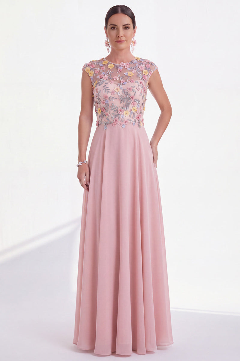 Load image into Gallery viewer, Pink Round Neck A Line Floral Cap Sleeves Long Mother of the Bride Dress